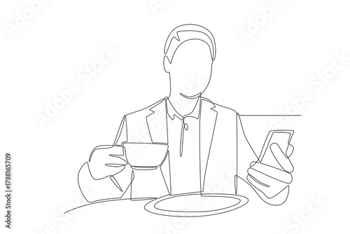 Business man having lunch while checking smartphone. Business lunch concept one-line drawing
