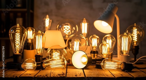 Illuminating Ideas: A captivating display of vintage light bulbs and lamps exudes warmth and creativity. Each filament glows, symbolizing bright ideas.