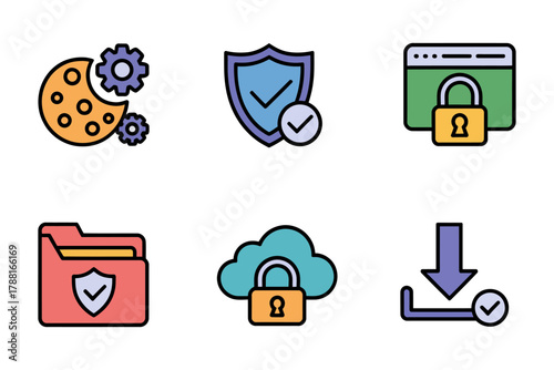 Colored outline vector icons for data security, showing locked files, safe cloud storage, verified protection, successful download, and secure digital assets.