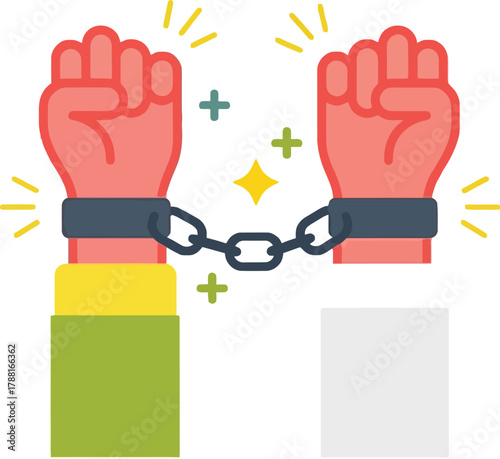 Liberation concept showing colorful hands breaking chains in a symbol of freedom and empowerment, perfect for justice or human rights campaigns