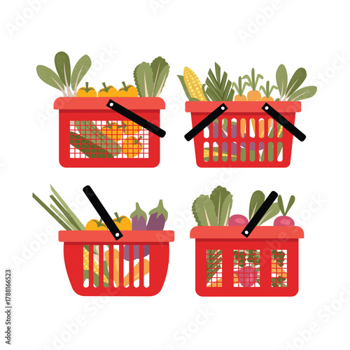 Assortment of Fresh Vegetables and Fruits in Shopping Baskets. Set of Retail Basket with Groceries. Collection Shopping Basket