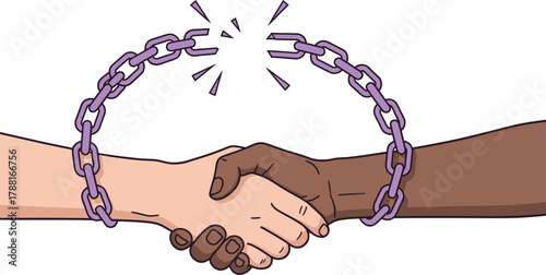 Diverse hands unite breaking free from chains, symbolizing partnership, equality, and freedom, a fresh start with a modern, positive impact