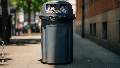 Trash Can Overflowing on a Sidewalk: A large, grey trash can, brimful with waste, stands on a city sidewalk, the urban landscape of the environment.