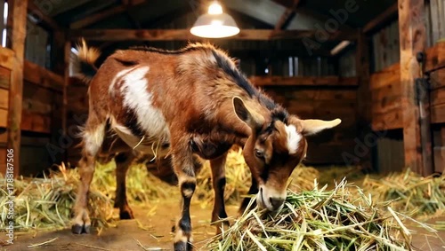 Domestic goat with horns eating hay from a pile inside a rustic wooden barn with ambient light.