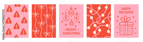 Christmas set of colorful festive backgrounds. Season  collection simple vertical cards, banners, prints or posters. Beige, red, pink colors. Vector illustration