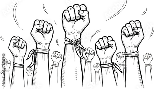 Empowered crowd raising fists in solidarity, hand-drawn sketch conveying strength, activism, and collective action for social change and justice movements