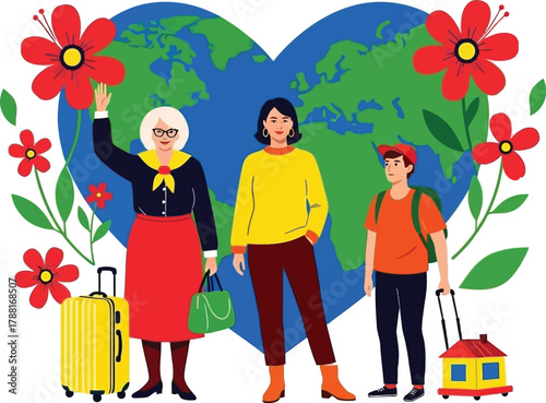 Happy travelers ready for a global adventure with earth heart and floral accents, perfect for travel agencies and family vacation promotions