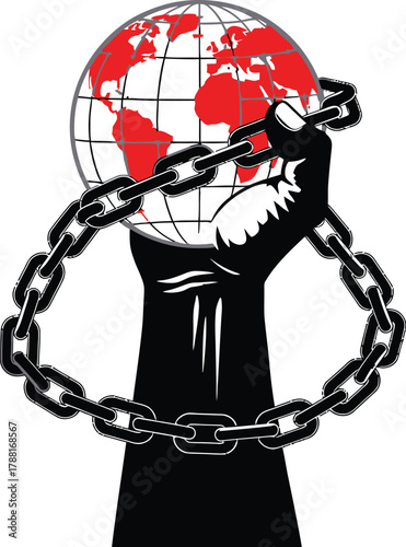 Powerful fist breaking chains around the world, symbolizing freedom and global justice, a beacon of hope for social change and international cooperation