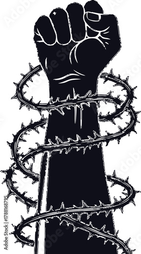 Empowered fist rising through adversity and oppression, a symbol of resilience and strength, ideal for social justice campaigns or motivational designs