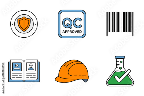 Flat vector icon set for quality control and industry, including approved certification, safety gear, technical manual, and chemical laboratory testing.