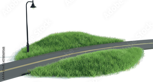 Create Create Set of original grass patch scene with road and Lamp post isolated on white background
