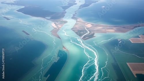 confluence. Aerial view of a river delta with multiple streams flowing into a vast ocean. travel magazines, destination branding, designed for travel destination branding.