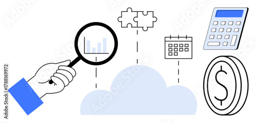 Magnifying glass examining data, cloud linking puzzle pieces, calendar, calculator, and coin. Ideal for business planning, finance, collaboration, cloud computing budgeting problem-solving data