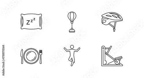 Activity Icon Set Featuring Such As Pillow Punching Bag Helmet Plate With Cutlery Exercise Silhouette Weightlifting Trainer On White Background Exactly Two Hundred Characters