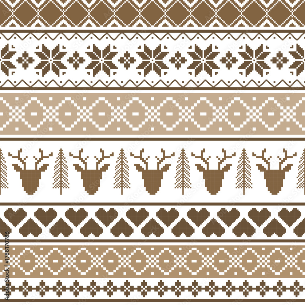 Εκτύπωση καμβά Nordic Christmas knit pattern with reindeer, trees, hearts, and snowflakes in brown, beige, and white tones