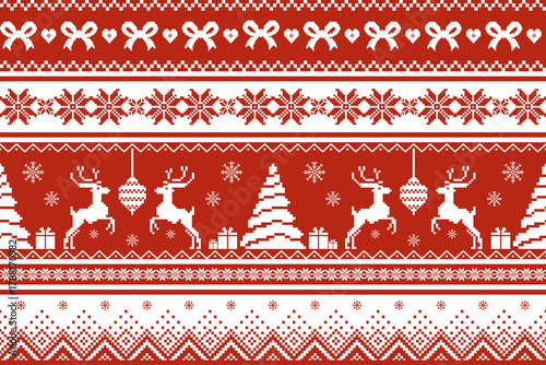 Classic Christmas Nordic textile pattern design concept, red and white knitted motif with reindeer and snowflakes, design for winter fabric. Vector illustration knitting style.