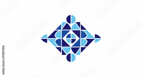 Geometric design with blue shapes arranged in a symmetrical pattern.