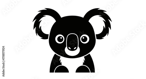 A simple black and white graphic illustration of a cute cartoon koala on an isolated background.