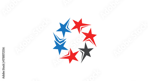 Circular arrangement of red, blue, and black stars on white background.