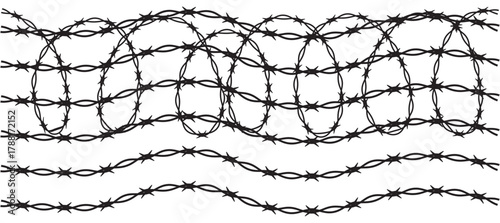 Barbed wire twisted barrier. Barbed Wire Security Fence Seamless Pattern Vector. 