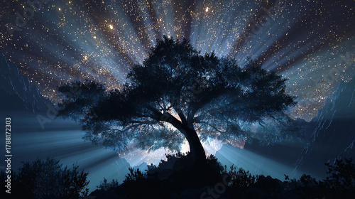 An awe-inspiring image captures a silhouette of a solitary tree against the backdrop of a radiant night sky, as the ethereal glow of light filters through its branches.