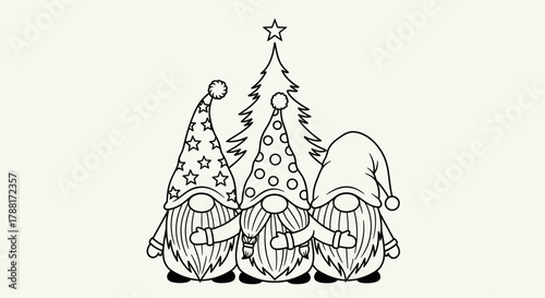 Three gnomes standing in front of a Christmas tree, black and white line art.