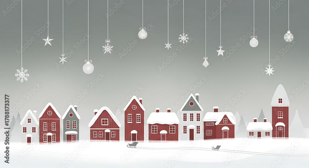 Fototapeta premium Winter village scene with snow-covered houses and hanging ornaments.