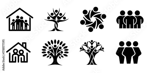Collection of stylized black and white vector icons representing family community and growth in various symbolic forms