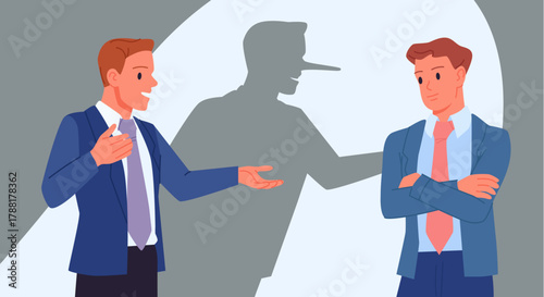 Two businessmen talking, one casting a shadow with a long nose symbolizing dishonesty, workplace deception, trust issues, and office communication problems isolated vector illustration