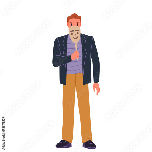 Person standing with a mask covering face, symbolizing hidden feelings, deception, or dual identity in social situations, flat style isolated vector illustration