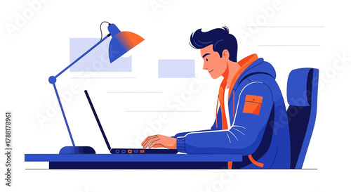 Young man working on laptop, in a modern and minimalist setting illustration