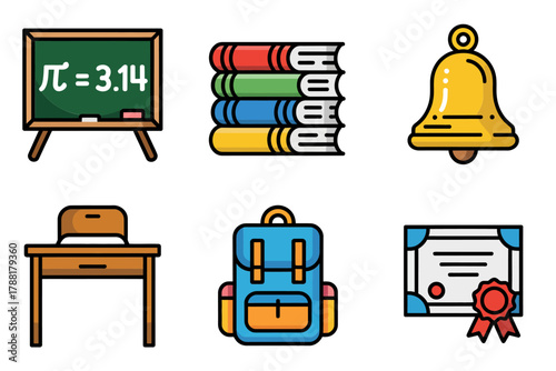 Outline vector icons for STEM education, representing mathematical formulas, learning books, school bell, diploma, and student backpack.