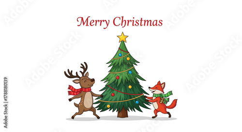 Cute cartoon reindeer and fox decorating a festive christmas tree with ornaments and a star on top wishing merry christmas