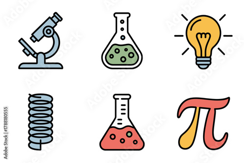 Flat vector icons for science and laboratory research, illustrating physics, chemistry, biology, lightbulb idea, microscope, and mathematical constant Pi.