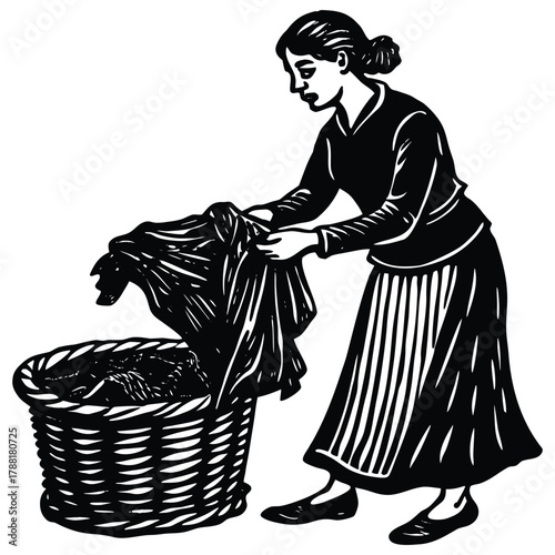 Laundry Day Woman Silhouette Vector Art Cleaning and Chore Concept on White Background