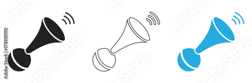 Vintage bicycle horn sound wave alert symbol in black, outline, and blue for attention-grabbing communication