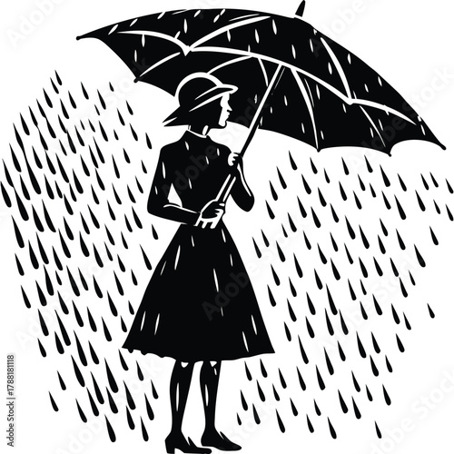 Stylish Woman Silhouette with Umbrella in Rain Graphic Design on White Background