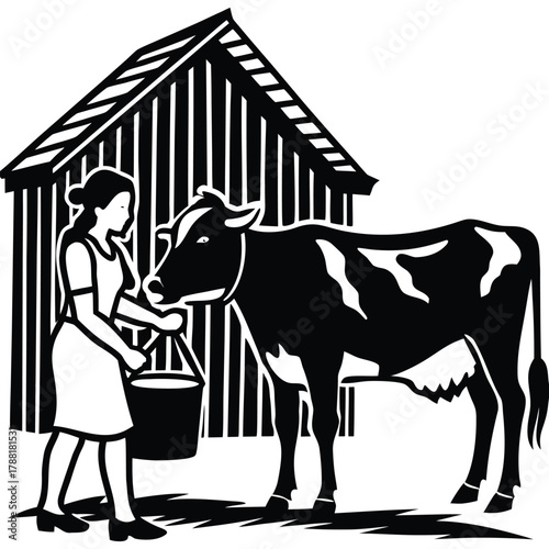 Dairy Farming Silhouette, Woman Milking a Cow with Barn in Background on White Background