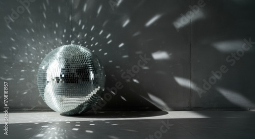 A shiny disco ball reflecting light creates a pattern of sparkling spots on the wall and floor