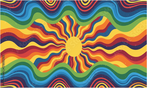 Abstract vibrant wavy sunburst background with colorful psychedelic patterns