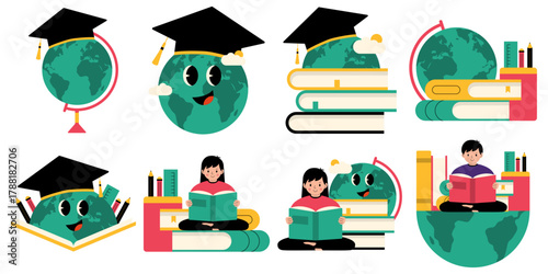 Set of illustration for international students day, literacy and education day. Globe, world, reading, learning, books vector for education event. Vector isolated