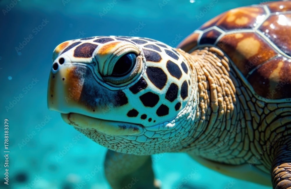 Fototapeta premium Colorful sea turtle swimming underwater with detailed shell and vibrant markings