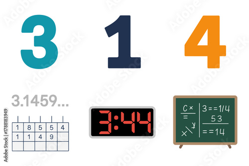 Colored outline vector icons for math education, representing Pi constant, numbers, digital clock, and blackboard calculation formulas.