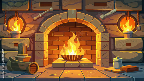 Inviting old-fashioned stone fireplace with bright orange flames, iron tools resting beside it, soft flickering light illuminating textured stone archway, creating a tranquil, homey and nostalgic
