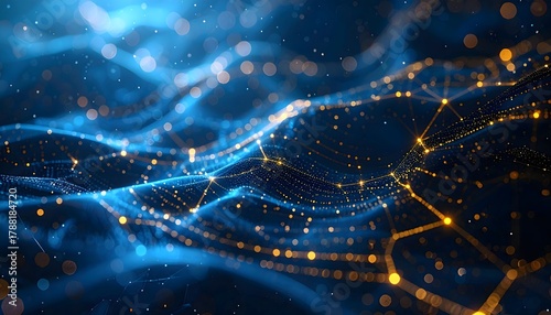 Abstract blue and gold cyber mesh background with glowing points and flowing lines, suggesting data, technology, AI, or digital network connections.