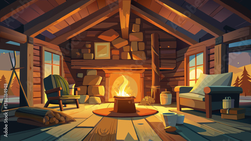 Rustic log cabin interior at night with a glowing wood-burning stove, stack of firewood nearby, soft orange light illuminating wooden walls, cozy blankets and armchair adding warmth