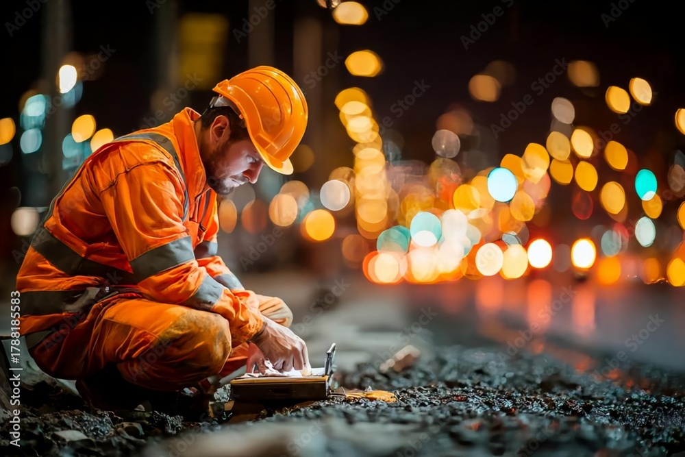 Obraz premium Nighttime Construction Worker Performing Tasks on Urban Street