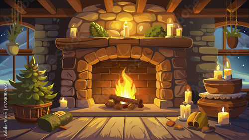 Rustic stone fireplace with glowing burning logs inside, wooden mantel decorated with candles and pinecones, golden firelight casting soft shadows across the room, evoking warmth, peace and cozy
