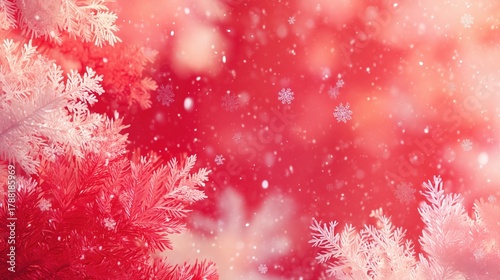 Christmas Festive Illustration with Snowflakes, Red Pine Branches and Bokeh Background, Ideal for Holiday Wallpaper, Poster, Seasonal Decoration and Winter Design Inspiration