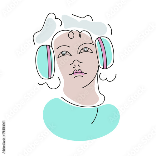 Minimalist Line Art Portrait of a Woman with Headphones Listening to Music